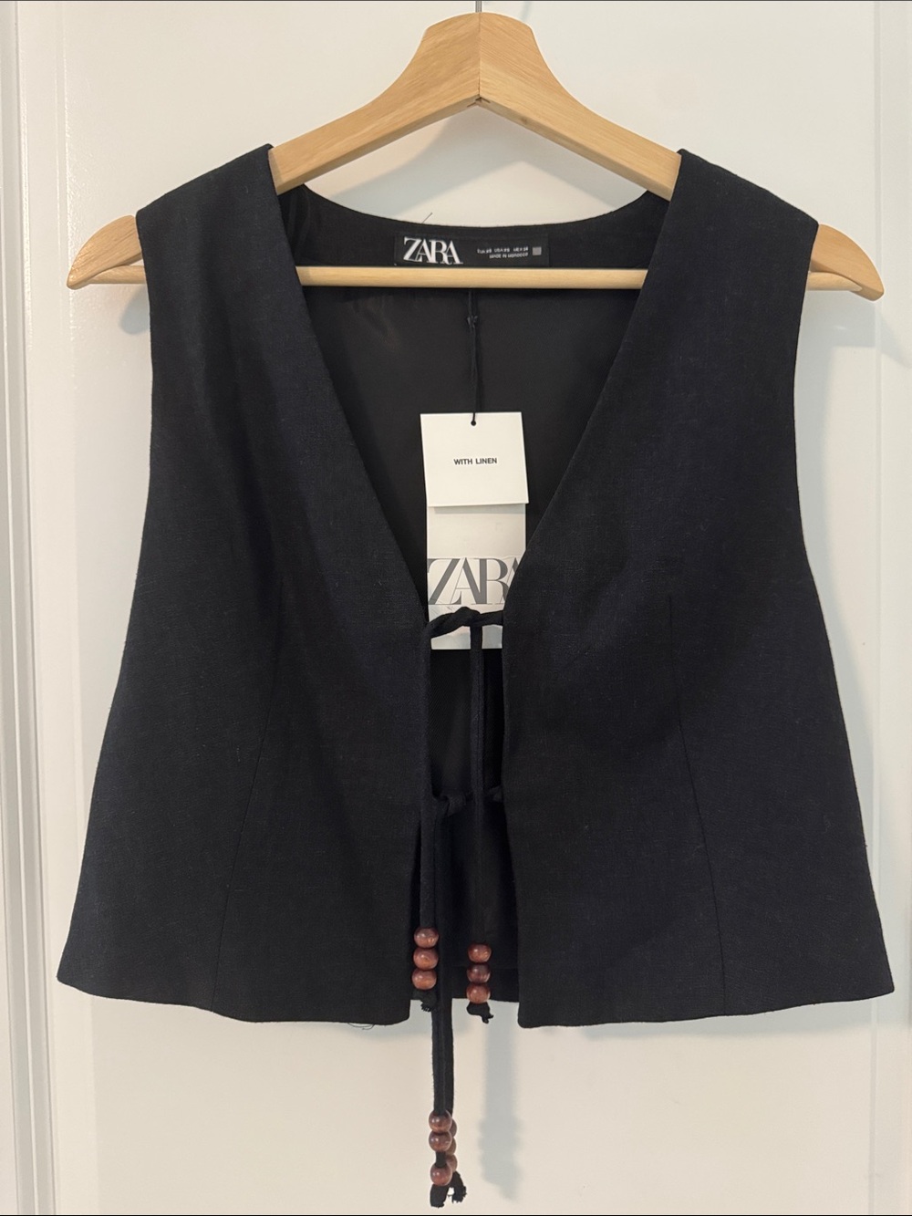 ZARA Black Linen Viscose Tie-Front Vest NWT XS Women